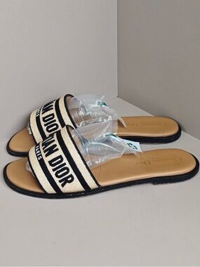 🚩steal Dior Natural Canvas Logo Slide Sandals with Black Trim